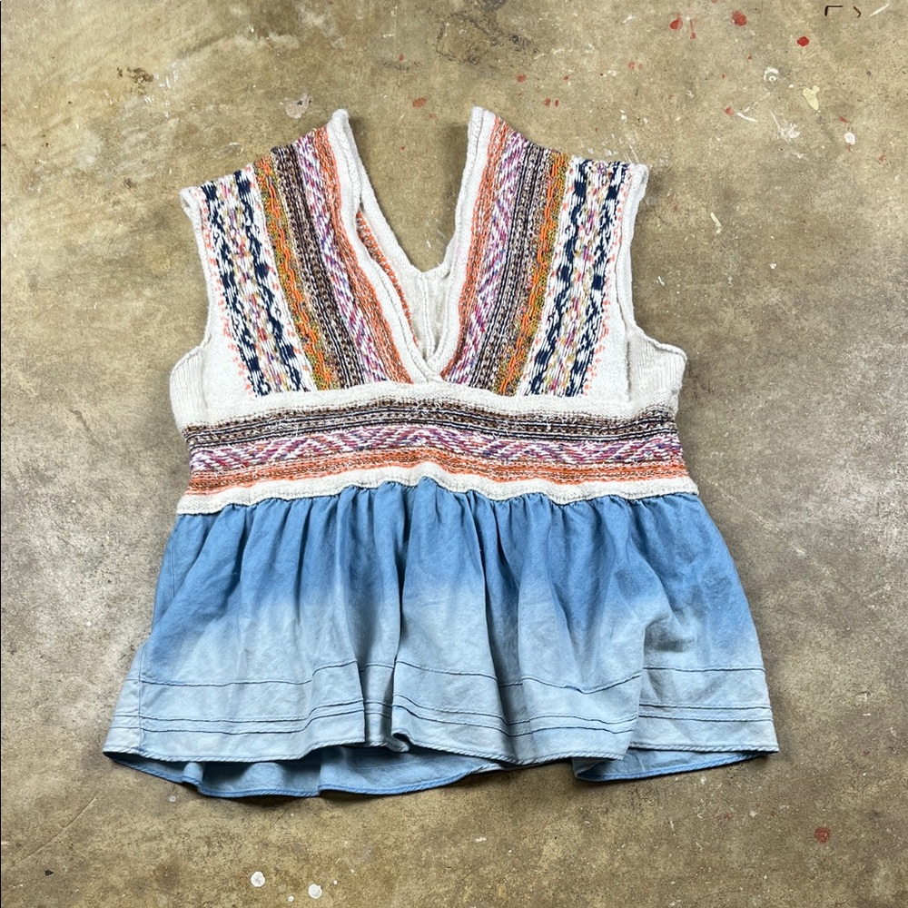 Boho Knit-Trim V-Neck Peplum Top in Blue and Cream